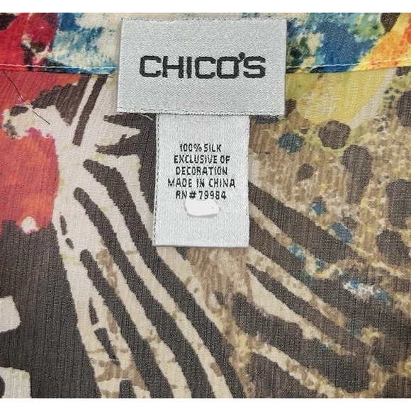 Chicos Tunic Top Mix Print Silk Beaded Women 14 Colorful Sheer Artsy Boho Whimsy - Picture 12 of 12
